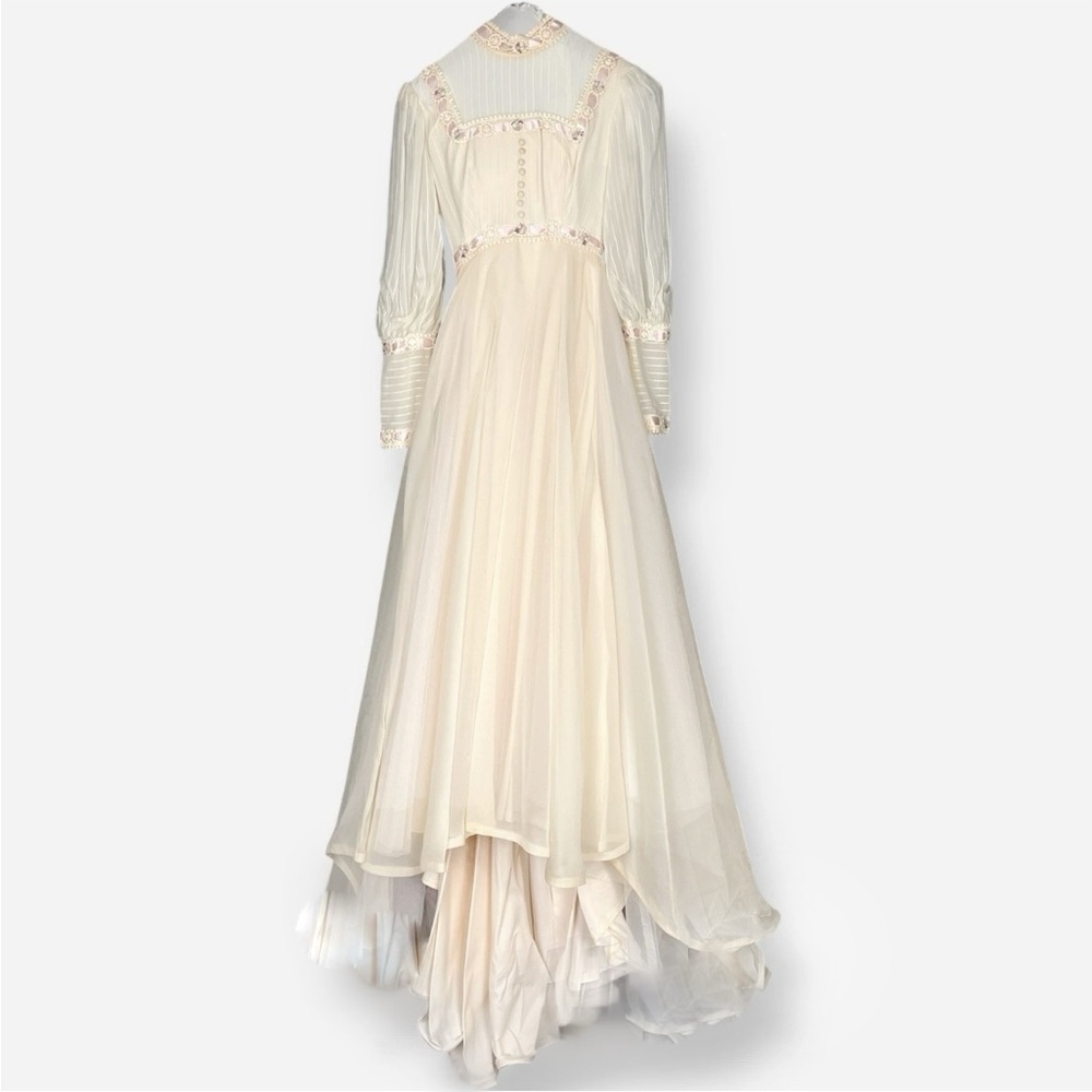 Vintage Victorian High Neck Dress Wedding 4 Off White Cream Pink Bishop Sleeve - Picture 2 of 12